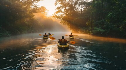 a group of people are kayaking down a river at sunset