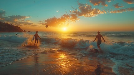 Two individuals strolling along the shoreline during sunset - obrazy, fototapety, plakaty