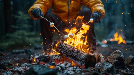 a person is roasting marshmallows over a campfire - obrazy, fototapety, plakaty