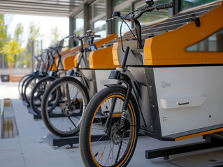 Obraz premium A Photo Of An Electric Cargo Bike Fleet For Urban Deliveries Parked And Charging At A Solar-Powered Docking Station