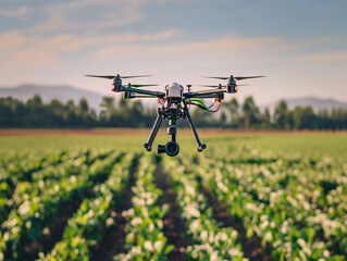 A Photo Of A Smart Agricultural Drone Flying Over A Field Monitoring Crop Health And Optimizing Water Usage For Sustainability