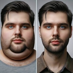 Comparison of man before and after lifestyle change. Fitness and healthy nutrition. Healthy living. Vegan. Regular exercise. Transformation. Weight loss. Loosing Fat. Liposuction. Generative AI