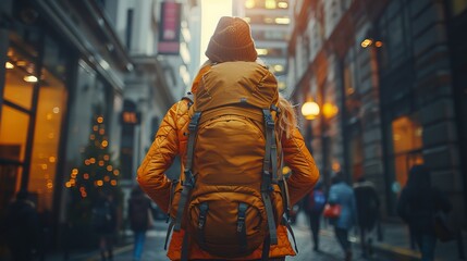 A pedestrian with a backpack strolls down the city street - obrazy, fototapety, plakaty