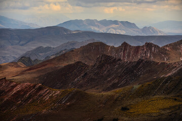 A high angle view of the rugged Andean landscape of the Valle Encantado, or Enchanted Valley,...