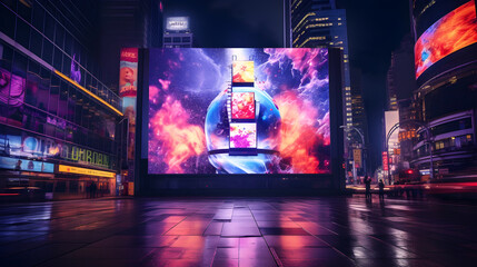 Urban Nightscape: Giant Billboard Advertising Futuristic Smartphone Enabling Global Connectivity