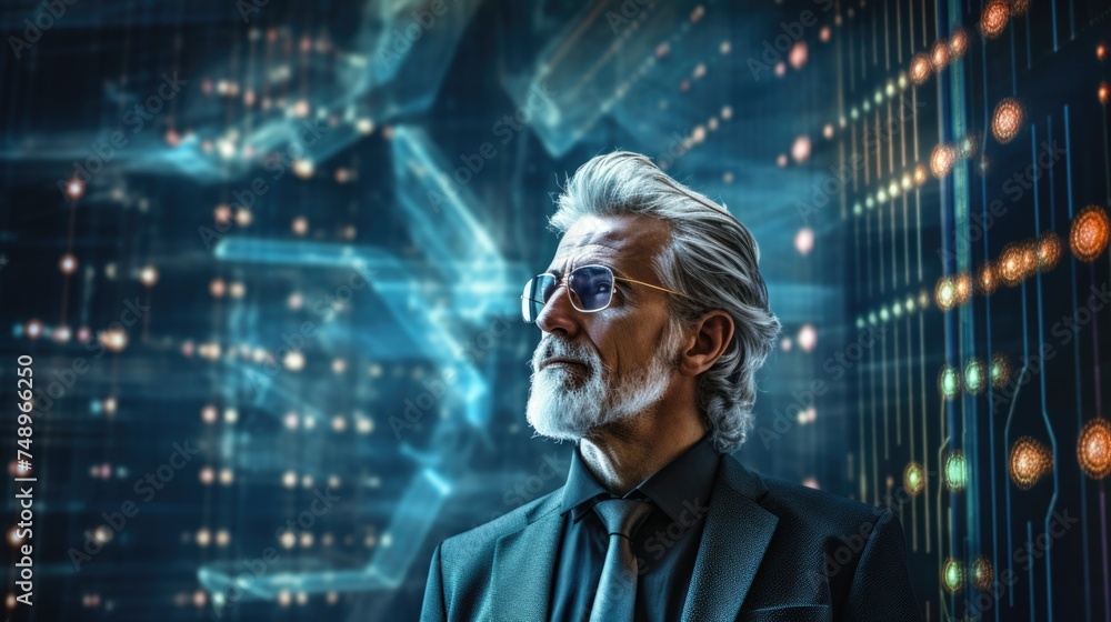 Poster tech analyst study cyber data chart from corporate system for statistical analytic defining marketin