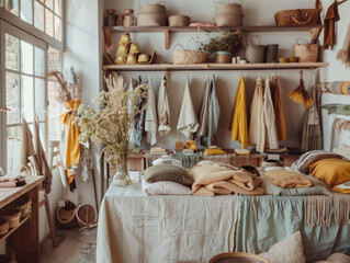 Obraz na płótnie Canvas A Photo Of An Eco-Friendly Fashion Workshop Where Designers Use Upcycled Materials And Natural Dyes To Create Sustainable Clothing Lines