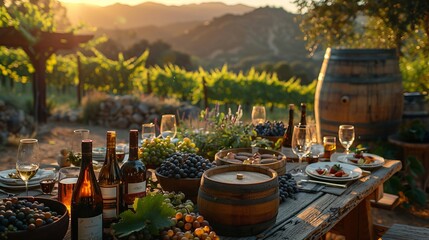 a wooden table with bottles of wine , grapes , and glasses on it in a vineyard - obrazy, fototapety, plakaty