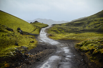A rainy day in the bleak volcanic landscape on the rough F-225 road leading to Landmannalaugar, Fjallabak Nature Reserve, Central Highlands, Iceland.