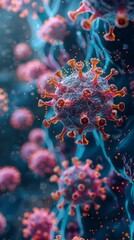 Photo realistic detailed close up of dense colony of viruses inside cell wall