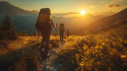 Hiking group exploring mountain terrain in the sunset amidst grassy landscapes
