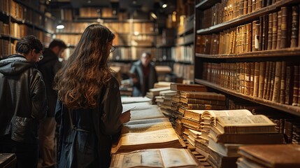 A woman is in a library browsing books on a shelf