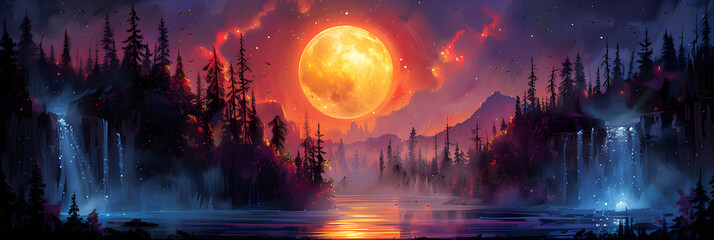 Illustration of Rainbow-Colored Melted Moon 3d image,
Beautiful Anime Scenery of the Eternal Hunting 