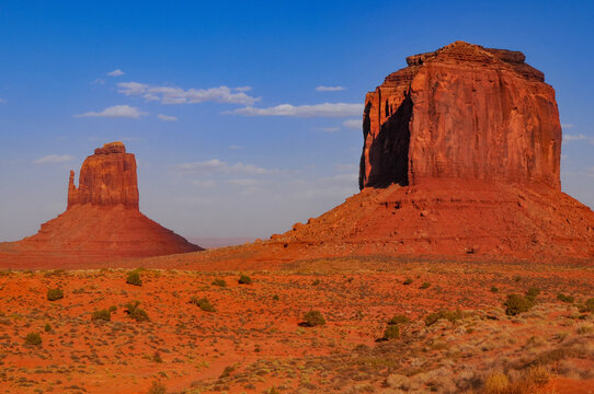 East Mitten and Merrick Butte from the scenic drive inside the Monument Valley Navajo Tribal Park, Arizona, USA.