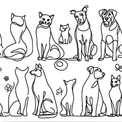 Cats and dogs sitting next to each other, vector drawing, minimalistic black one line sketch isolated on white background