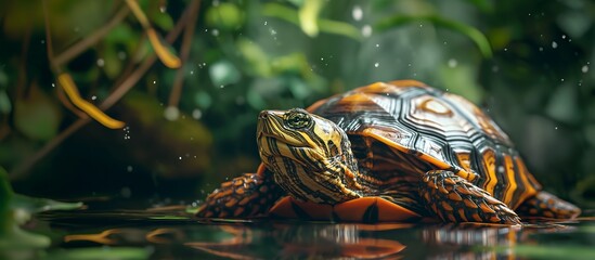 Striking Close-Up of a Turtle in a Lush Habitat With Falling Raindrops