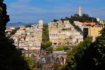 A view of Lombard Street, Coit Tower and Telegraph Hill from the Russian Hill district, San...
