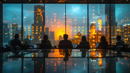 a group of people are sitting at a table in front of a window looking out at the city at night - obrazy, fototapety, plakaty