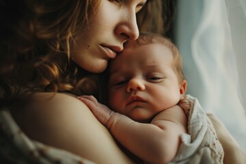 A heartwarming scene of a mother and her sleeping newborn, conveying the love and care integral to early childhood.