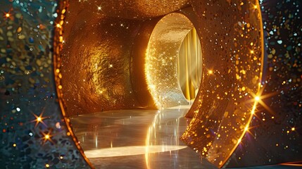 A glittering golden tunnel with shimmering lights and reflections