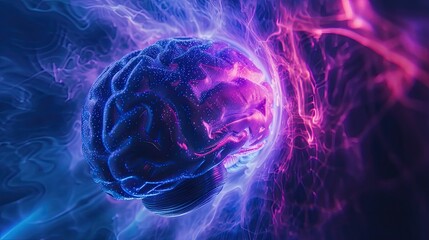 A vibrant image of a brain illuminated with neon blue and pink lighting effects