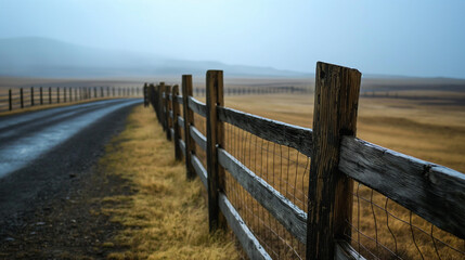Obraz premium Endless Country Road: Old Wooden Fence Lining the Path through a Sparse Golden Field on a Foggy Day, a Sense of Adventure in Rural Landscape