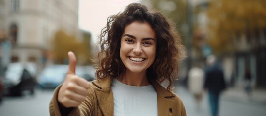 A happy, smiling, fit woman is standing on a busy city street. She is expressing approval by giving a thumbs up gesture to the camera, showing a positive and confident stance.
