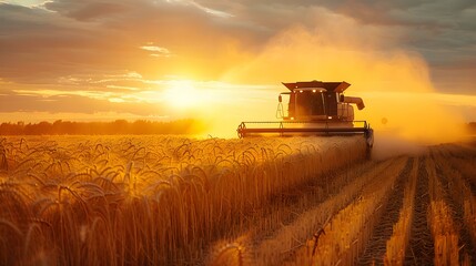 A farmer operates a combine harvester in a dusty field at sunset. Concept Agriculture, Sunset, Harvesting, Farming, Machinery