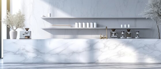 Blank white marble counter in modern luxury design cafe with cabinet sink grinder coffee up mok