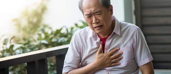 An Asian older man in a white shirt and a red tie is shown suffering from a heartache at home. He is alone and experiencing chest pain, potentially having a heart attack. - obrazy, fototapety, plakaty