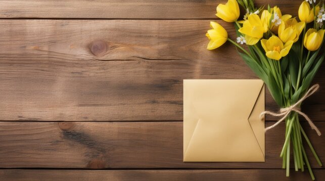 A paper envelope with flowers on the table. View from above. An invitation, a postcard and a letter.