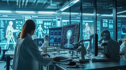 Scientists in a lab are using display devices and engineering to work on computers, exploring fonts and electric blue. They also share entertainment and art, while dealing with darkness in their job