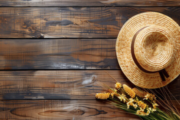 A rustic straw hat and a cascade of golden grains spill onto a weathered wooden floor