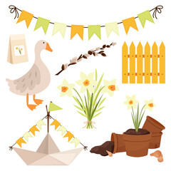 Set of spring vector illustrations on a white background. Goose, boat, garland, daffodil bouquet, seeds in flat style.