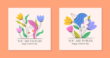 Girly vector illustrations with calm woman faces;stylish print for t shirts;posters;cards and banners with flowers.Feminism quote and woman motivational slogans.International women's day concepts.