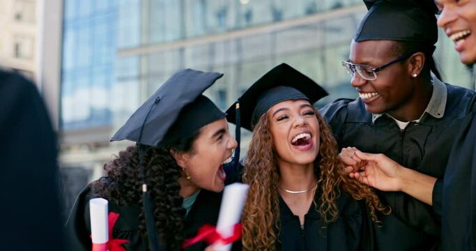 University, celebration or excited students at graduation for certificate, education or success. Graduate, school or college friends for diversity, diploma or academic award, milestone or achievement
