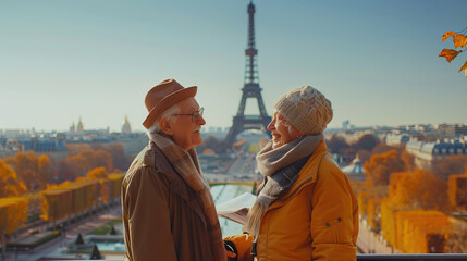A smiling elderly couple studying a map in front of a sights of Paris at sunny day