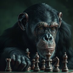 Fototapeta na wymiar Chess with a monkey in dark green