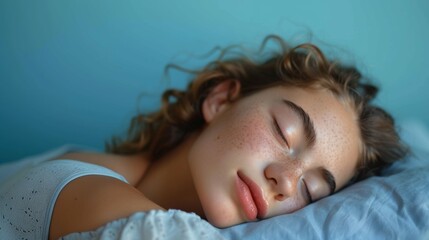 Obraz premium Young Woman Napping in Bed Blue Background