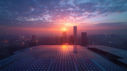 A serene sunset bathes solar panels on a city rooftop with warm hues, highlighting sustainable energy in an urban environment.