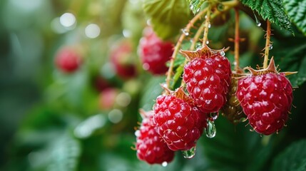 A close-up image captures the rich and sweet harvest of ripe raspberries on a bush, adorned with...
