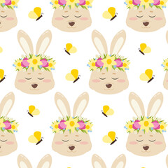 Spring pattern, background. Seamless pattern with a rabbit in a wreath of flowers and butterflies on a white background. Baby background, pattern with a rabbit.