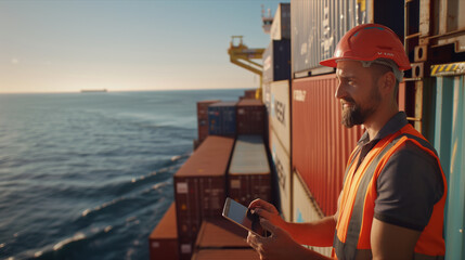A Caucasian man is using a tablet to check goods on a container ship sailing at sea.