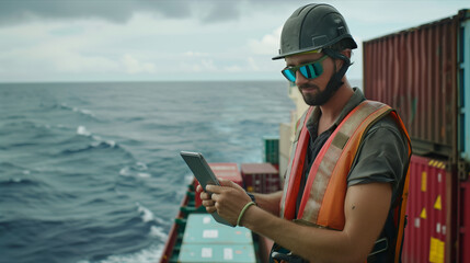 A Caucasian man is using a tablet to check goods on a container ship sailing at sea.