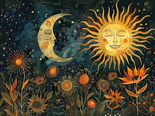 Create a whimsical interpretation of the sun and moon in a bohemian aesthetic