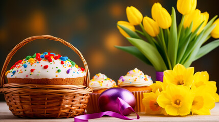 Obraz na płótnie Canvas Easter cake and spring tulips on a wooden background. Selective focus.. Greeting card on an Easter theme. Happy Easter concept.