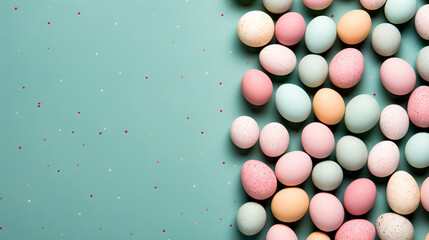 Colorful Easter eggs on pastel green background. Top view with copy space. Greeting card on an Easter theme. Happy Easter concept.