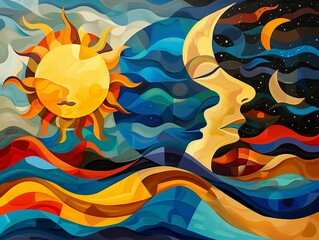 Experiment with abstract shapes and colors to create a dynamic representation of the sun and moon in a celestial setting