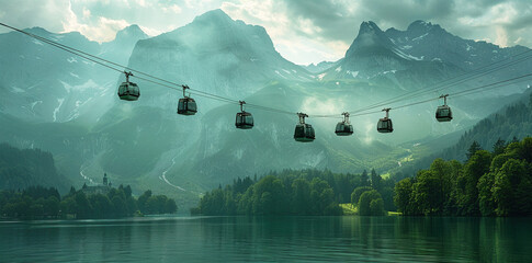 Scenic Alps Mountains View with Gondolas Over Serene Lake