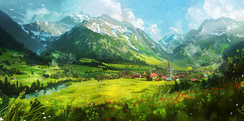 Idyllic Alpine Village with Mountain Backdrop in Spring